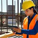 **

A construction site scene bustling with activity.  Workers are wearing high-visibility vests and hard hats. In the foreground, a serious-looking student (male or female) is using a tablet to compare the scene to a checklist or diagram showing proper safety protocols based on *Ley de Prevención de Riesgos Laborales (LPRL)*. Focus is on the practical application of safety regulations in a real-world setting.  Overlaid text: "¿Estás aplicando la LPRL? ¡Casos Prácticos!" (Are you applying the LPRL? Practical Cases!)

**
