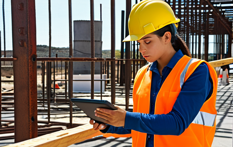 **
A construction site scene bustling with activity. Workers are wearing high-visibility vests and hard hats. In the foreground, a serious-looking student (male or female) is using a tablet to compare the scene to a checklist or diagram showing proper safety protocols based on *Ley de Prevención de Riesgos Laborales (LPRL)*. Focus is on the practical application of safety regulations in a real-world setting. Overlaid text: "¿Estás aplicando la LPRL? ¡Casos Prácticos!" (Are you applying the LPRL? Practical Cases!)
**