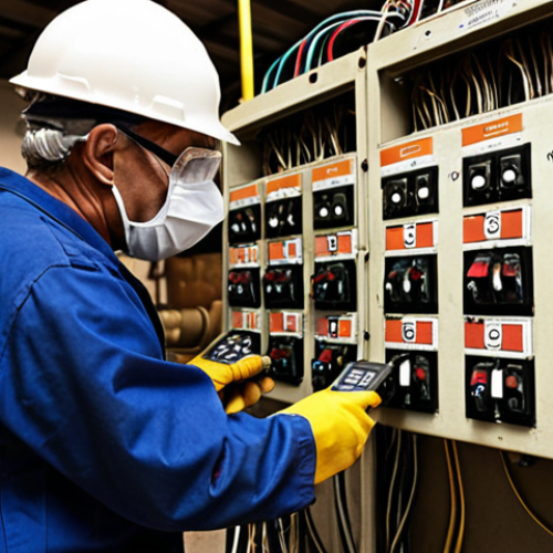 Home 22 The Hidden Dangers of Electrical Neglect**
"A skilled electrical safety specialist, wearing professional PPE, meticulously inspecting an antiquated, overloaded industrial electrical panel in a dimly lit factory. Wires are frayed and discolored, circuit breakers appear old and possibly corroded. The specialist holds a thermal camera, showing a hot spot on a connection point. The background subtly suggests an old food processing plant with some signs of moisture. The overall mood is tense, emphasizing the critical importance of a preventive audit revealing latent, dangerous issues."
2. **Prompt for