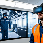 A professional safety engineer, fully clothed in a modest, modern safety uniform with a professional vest and appropriate protective eyewear, actively engaged in a virtual reality safety training simulation. The engineer is wearing a VR headset, with futuristic digital graphics of an industrial facility appearing as a translucent overlay in the background, symbolizing the immersive training environment. The setting is a clean, well-lit professional training room. safe for work, appropriate content, fully clothed, professional, perfect anatomy, correct proportions, natural pose, well-formed hands, proper finger count, natural body proportions, professional photography, high quality.