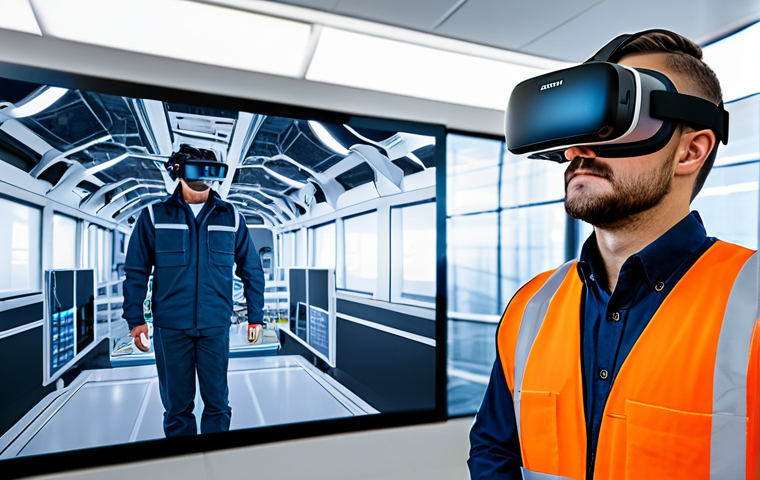 A professional safety engineer, fully clothed in a modest, modern safety uniform with a professional vest and appropriate protective eyewear, actively engaged in a virtual reality safety training simulation. The engineer is wearing a VR headset, with futuristic digital graphics of an industrial facility appearing as a translucent overlay in the background, symbolizing the immersive training environment. The setting is a clean, well-lit professional training room. safe for work, appropriate content, fully clothed, professional, perfect anatomy, correct proportions, natural pose, well-formed hands, proper finger count, natural body proportions, professional photography, high quality.