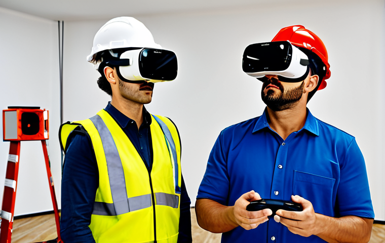 Modern Safety Training**
"A diverse group of Spanish safety technicians participates in a virtual reality safety training simulation. They are wearing VR headsets and holding controllers, fully engrossed in the experience. The training environment is a realistic depiction of a construction site. Everyone is fully clothed in appropriate work attire, including hard hats and safety vests. safe for work, appropriate content, professional, family-friendly, perfect anatomy, natural proportions, well-formed hands, proper finger count."
**