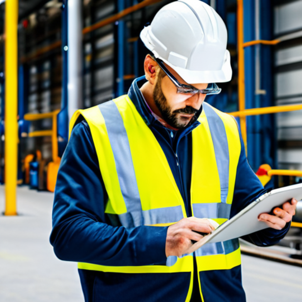 Certified Safety Professional in Action**
"A fully clothed, professional safety engineer wearing a high-visibility vest and hard hat, inspecting machinery in a modern factory setting. The engineer is holding a tablet and taking notes. Clean, organized environment. Perfect anatomy, correct proportions, natural pose. Safe for work, appropriate content, professional, modest."
**
