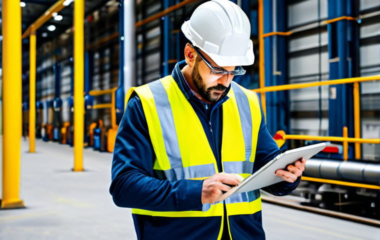 Certified Safety Professional in Action**

"A fully clothed, professional safety engineer wearing a high-visibility vest and hard hat, inspecting machinery in a modern factory setting. The engineer is holding a tablet and taking notes. Clean, organized environment. Perfect anatomy, correct proportions, natural pose. Safe for work, appropriate content, professional, modest."

**