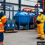 Home 19 산업안전기사와 비상 대응 시뮬레이션 - A realistic industrial emergency training simulation scene inside a modern chemical plant, showing a...