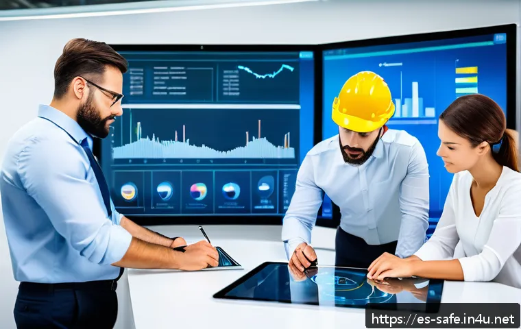 산업안전기사와 다학제적 접근 사례 - A modern industrial workplace scene showing a diverse team of professionals from engineering, human ...