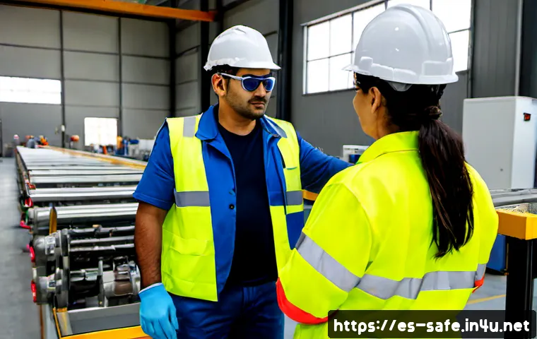 산업안전기사와 건강 진단 프로그램 - Photorealistic industrial safety inspection in a modern Spanish manufacturing facility, a Hispanic s...